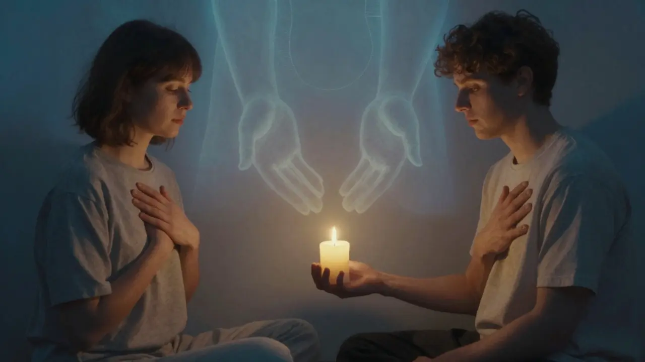 Osoba drží svíčku a pokládá ruku na srdce, za ní průhledná silueta terapeuta jako symbol vnitřní bezpečnosti.