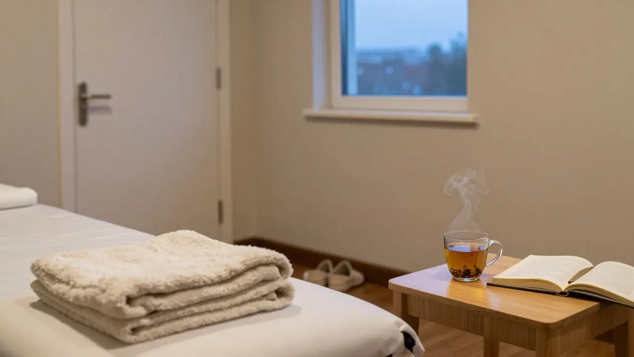 Prázdné místo po rituálu — deka, čaj a otevřený deník ve tmy.