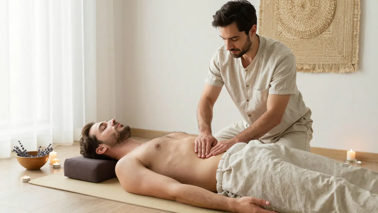 Terapeut jemně masíruje perineum muže v klidném, přírodním prostředí.