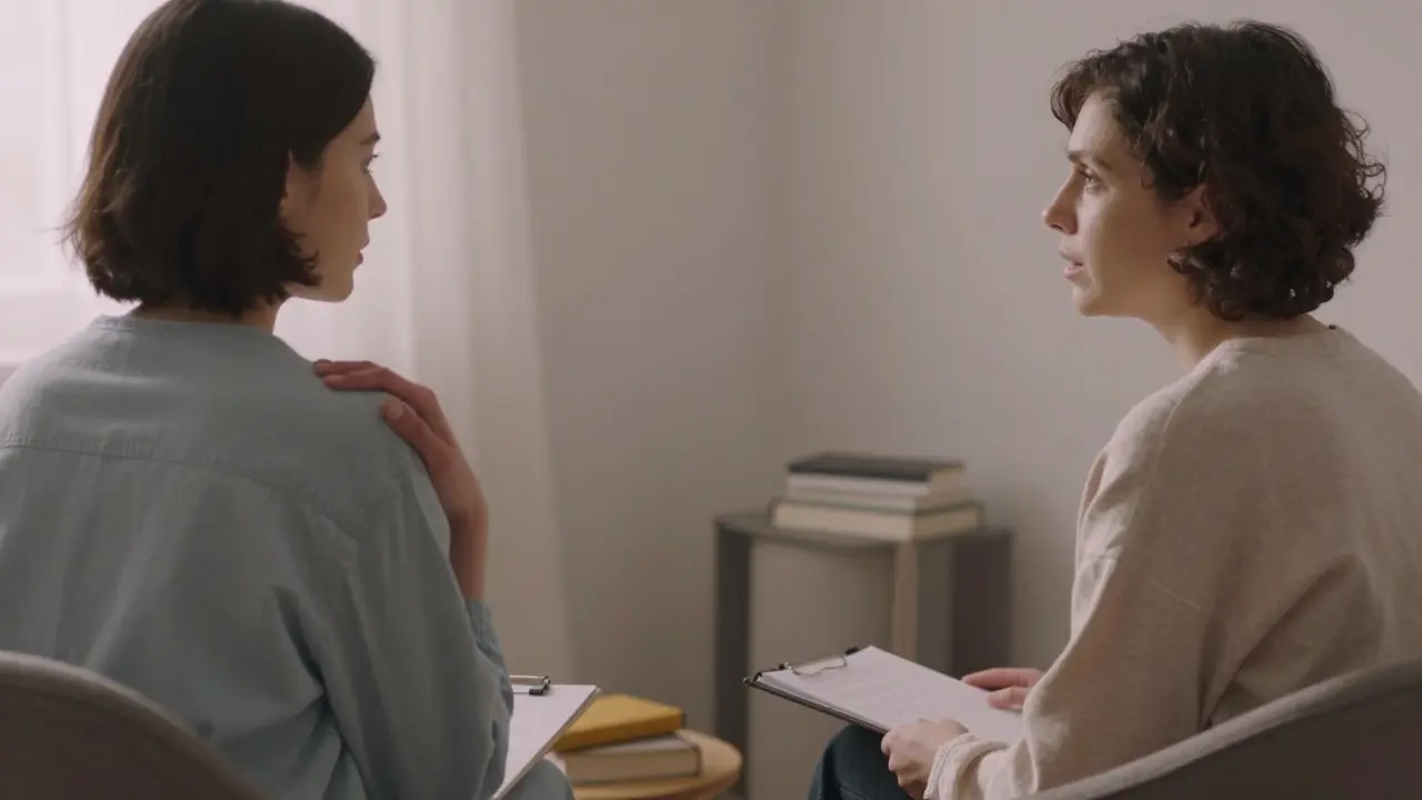 Dvě scény: jedna s terapeutem, který dotýká klienta, druhá s klientem, který mluví s terapeutem v klidné místnosti.