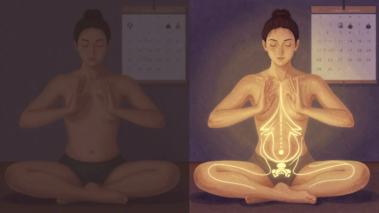 Dvě scény jednoho maséra: dřívější rutina vs. dnešní plynulá praxe s energetickými čarami, symbolizující pokrok v odbornosti.