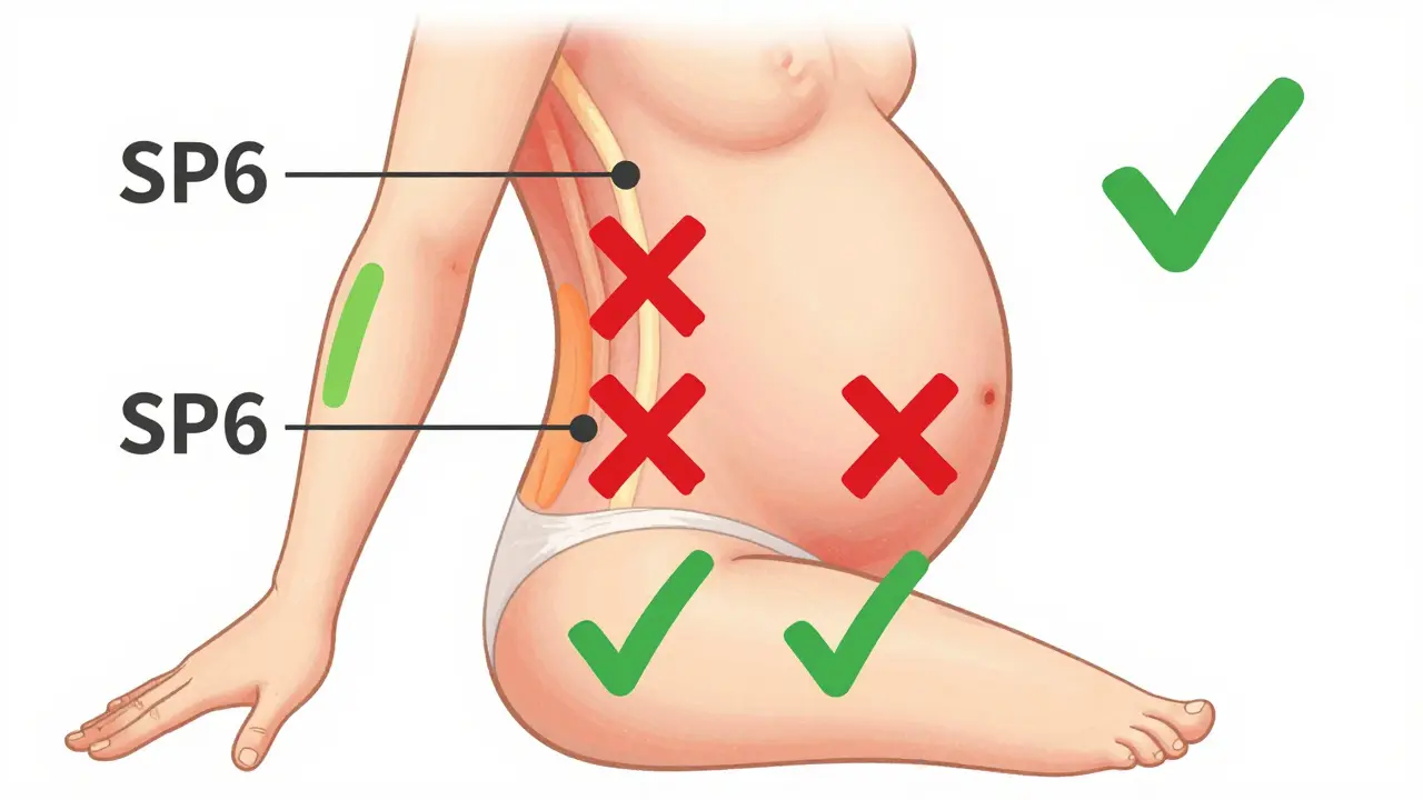 Ilustrace bezpečných a zakázaných oblastí pro masáž během těhotenství.