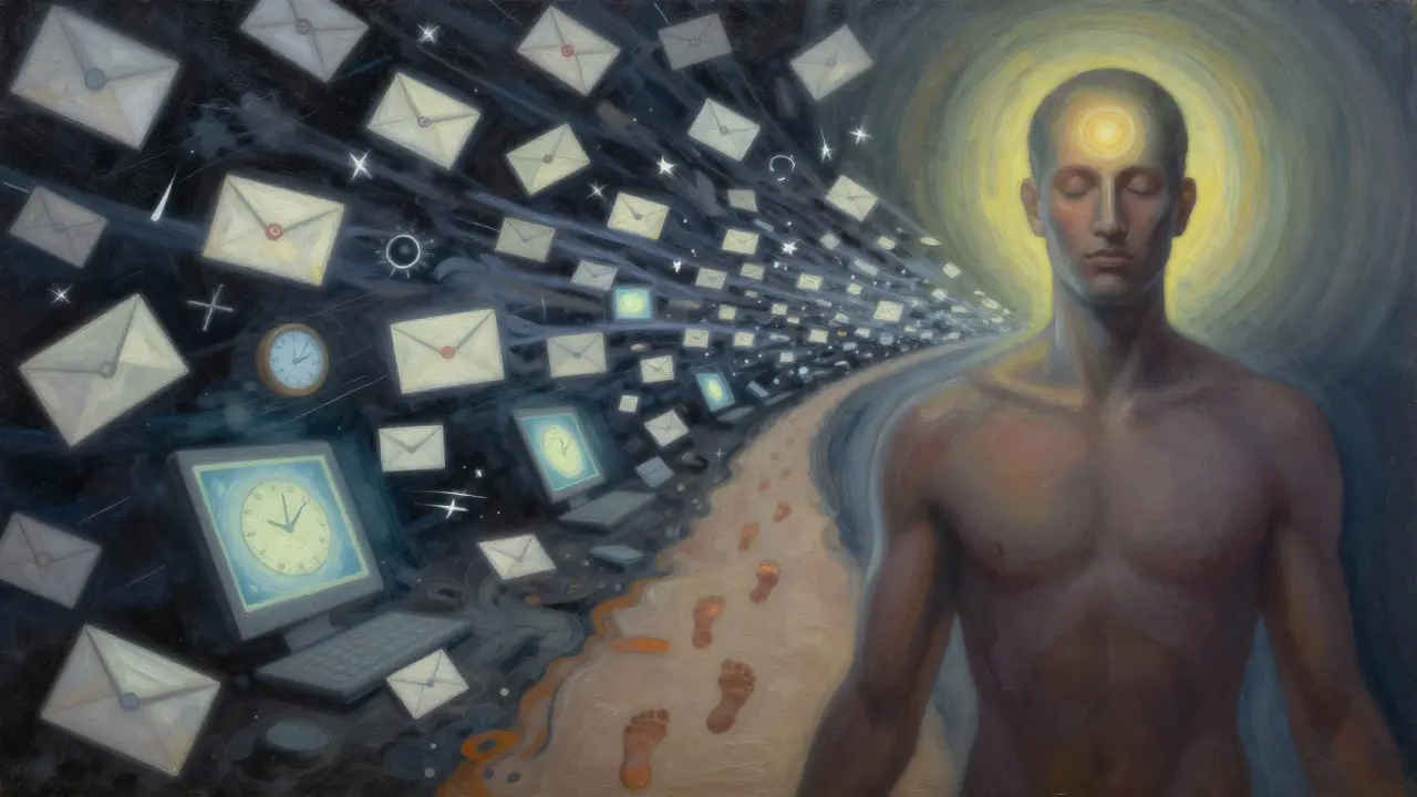 Konečný obraz člověka rozděleného mezi chaos práce a klid těla — symbol odpojení od stresu.