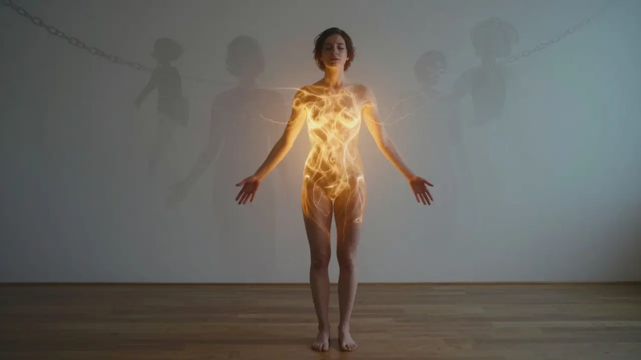 Osoba stojící v meditativní pozici, z jejího těla vyzařuje jemné zlaté světlo, jako by se vnitřní bloky měnily v světlo.