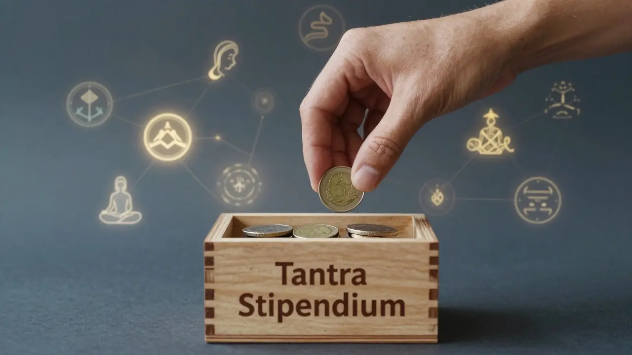 Ruka kladou mince do krabice pro stipendium tantry s symboly dýchání a spojení.