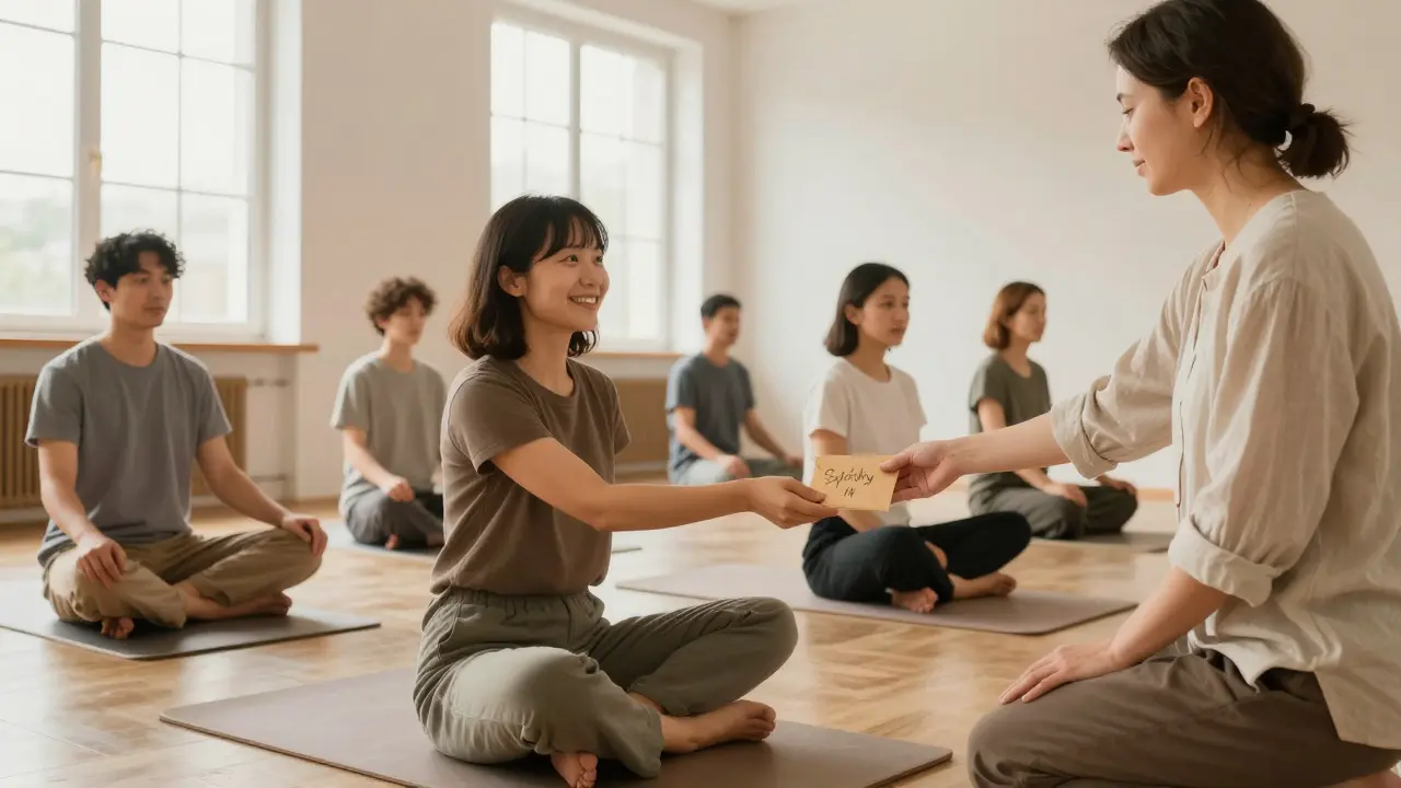 Skupina lidí účastní se tantrického kurzu, kde jedna osoba předává první splátku.