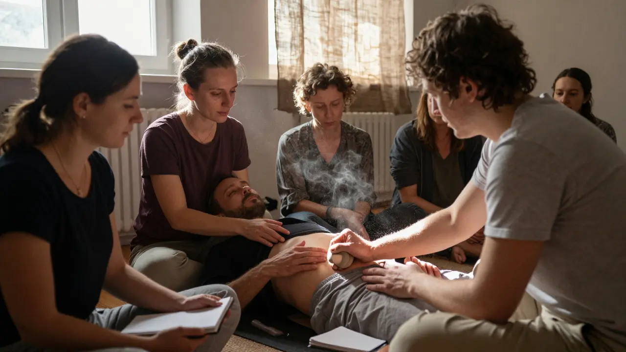 Skupina masérů na workshopu v Brně, kde se učí mapování pánve s jemným nástrojem, osvětlení přirozeným světlem.