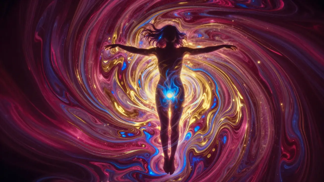 Abstraktní zobrazení vln extáze a energie proudících celým tělem.