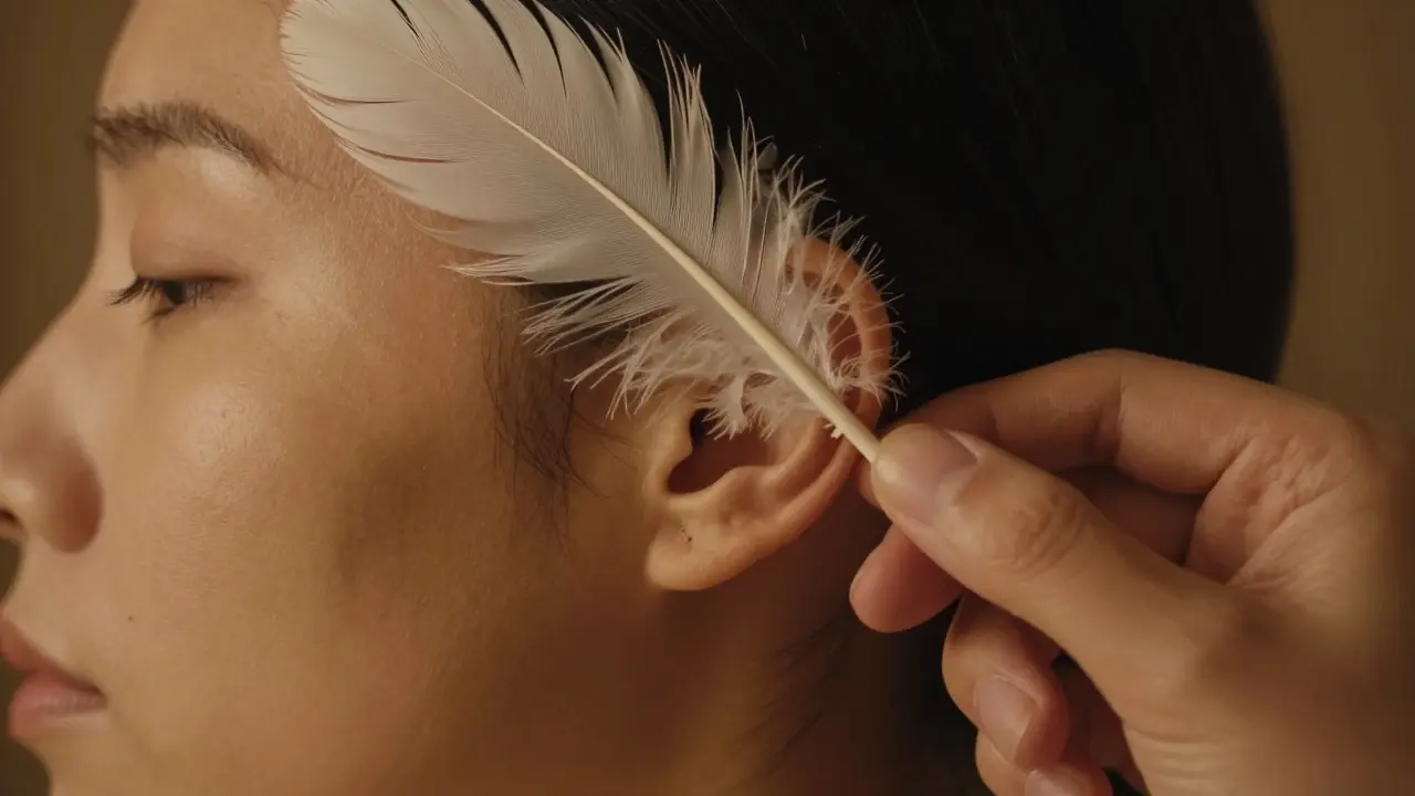 Detail jemného doteku pírka u ucha pro stimulaci smyslů.