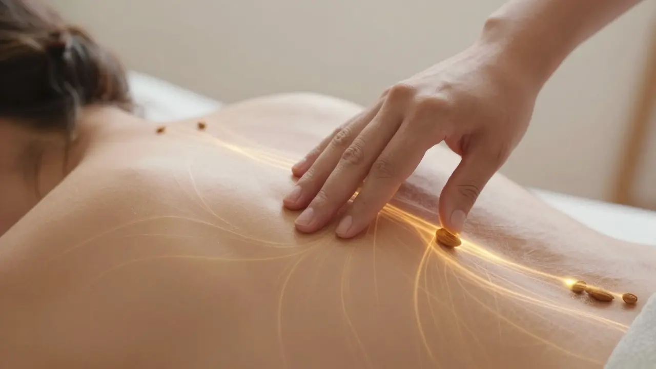 Detail jemného doteku ruky s vizualizací zlatých energetických kanálů v těle.