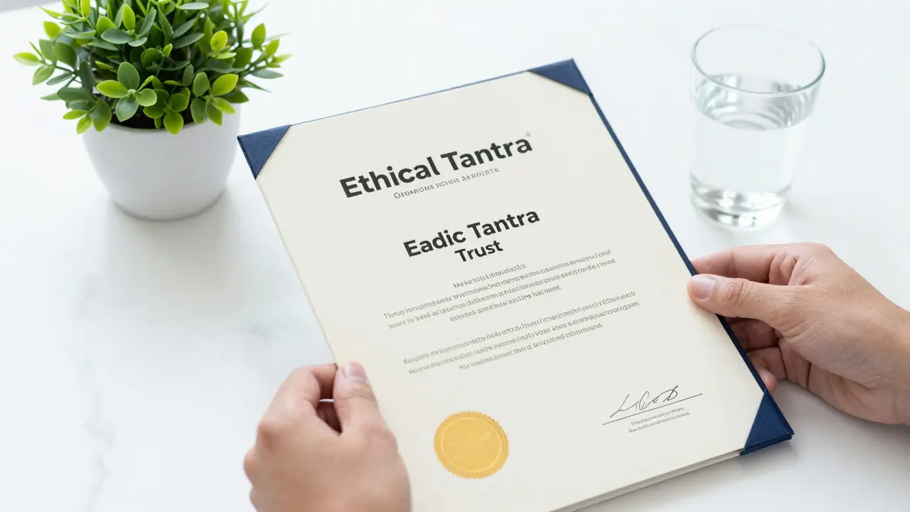 Detail ruky držící certifikát o etické praxi na světlém mramorovém povrchu.