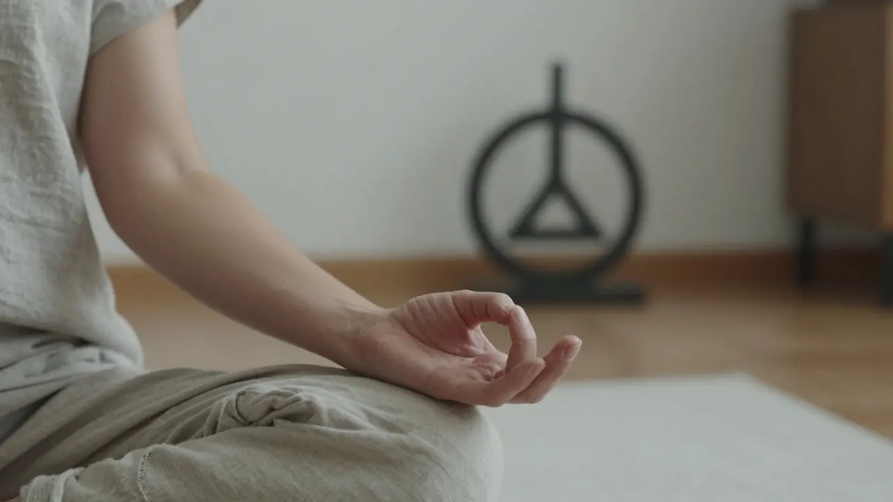 Detail ruky v meditační mudře v minimalistickém a autentickém duchovním prostředí.