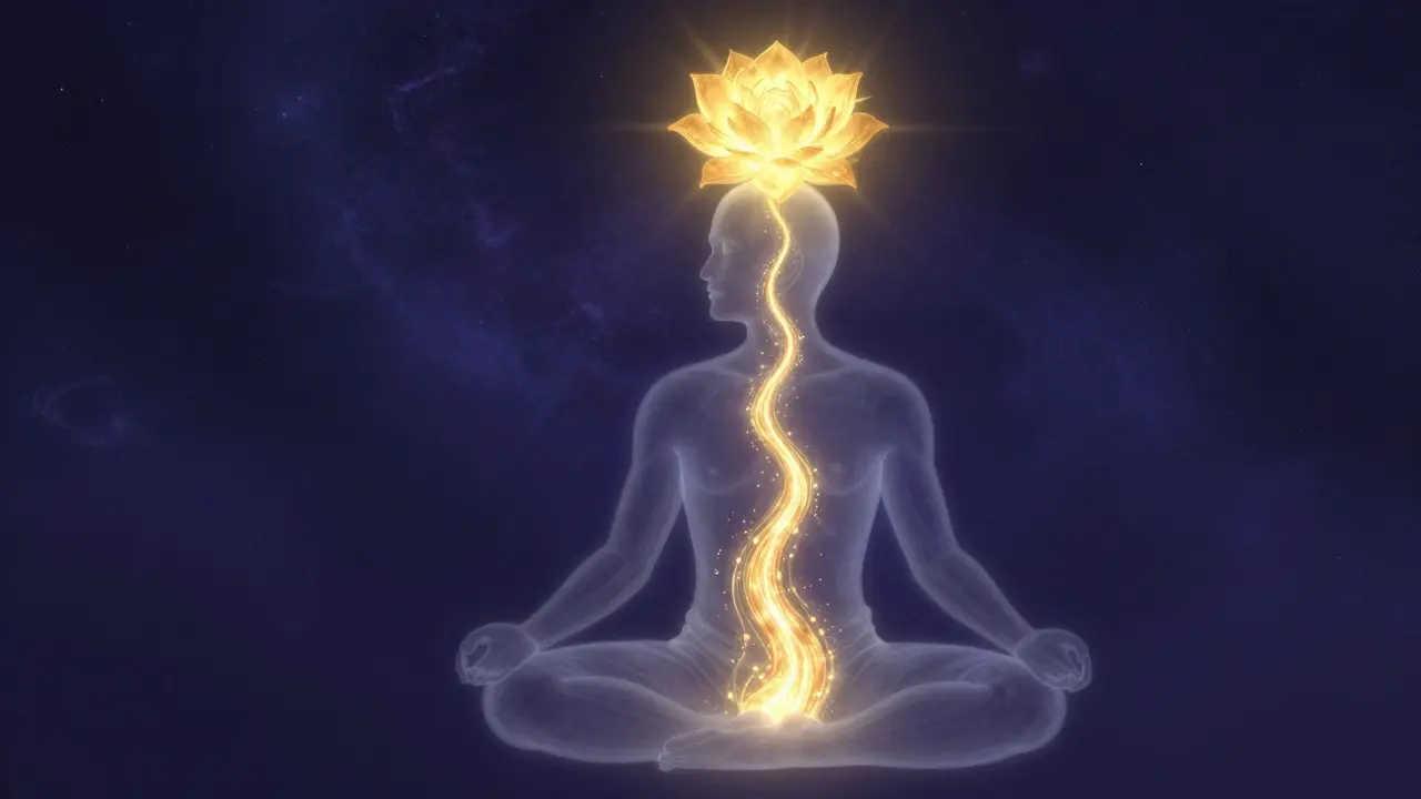 Ilustrace toku zlaté energie z pána podél páteře do temene hlavy.