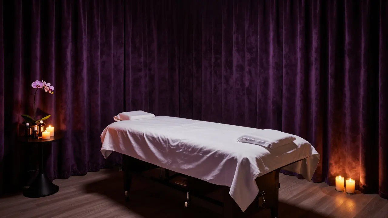 Intimní a moderní masážní salon s tlumeným nočním osvětlením.