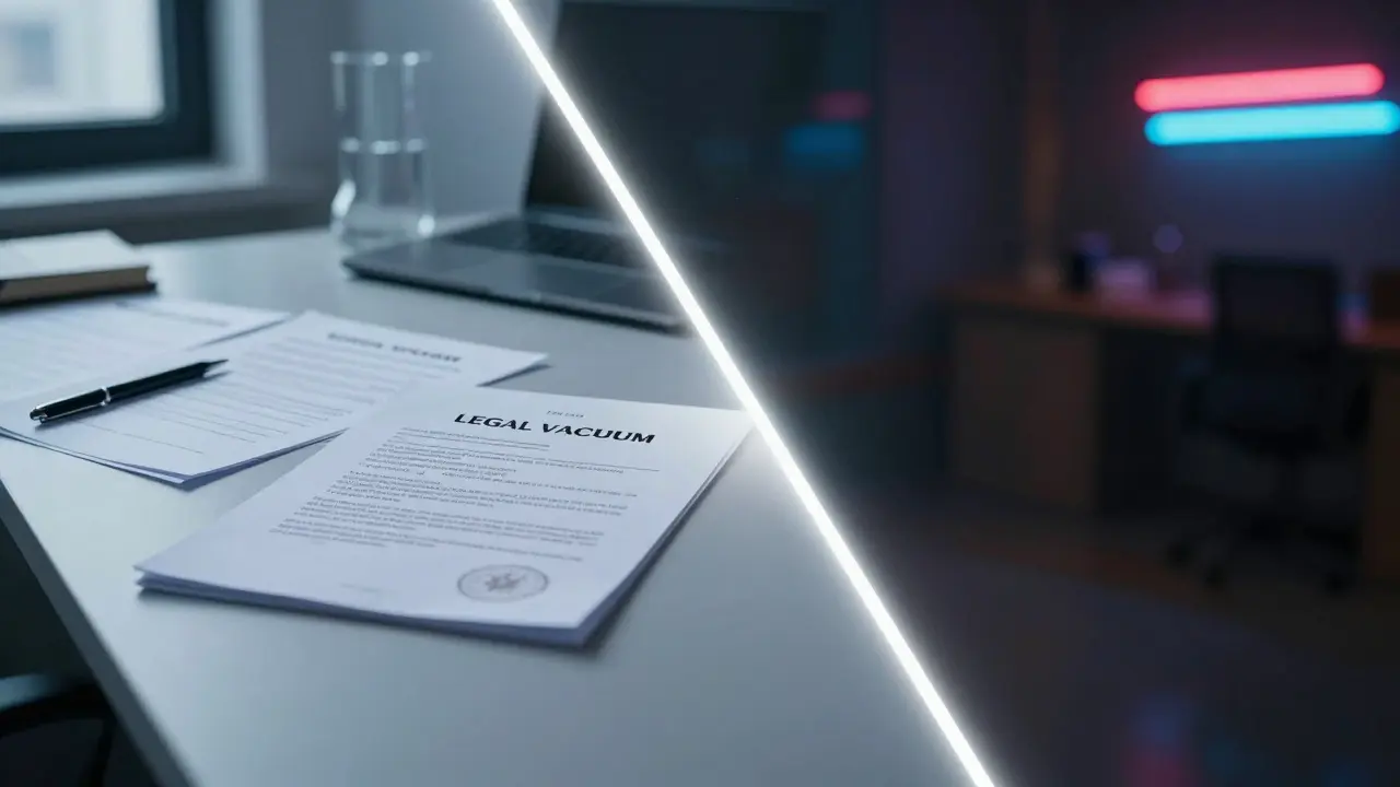 Konceptuální obraz znázorňující hranici mezi legálními službami a nelegální šedou zónou.