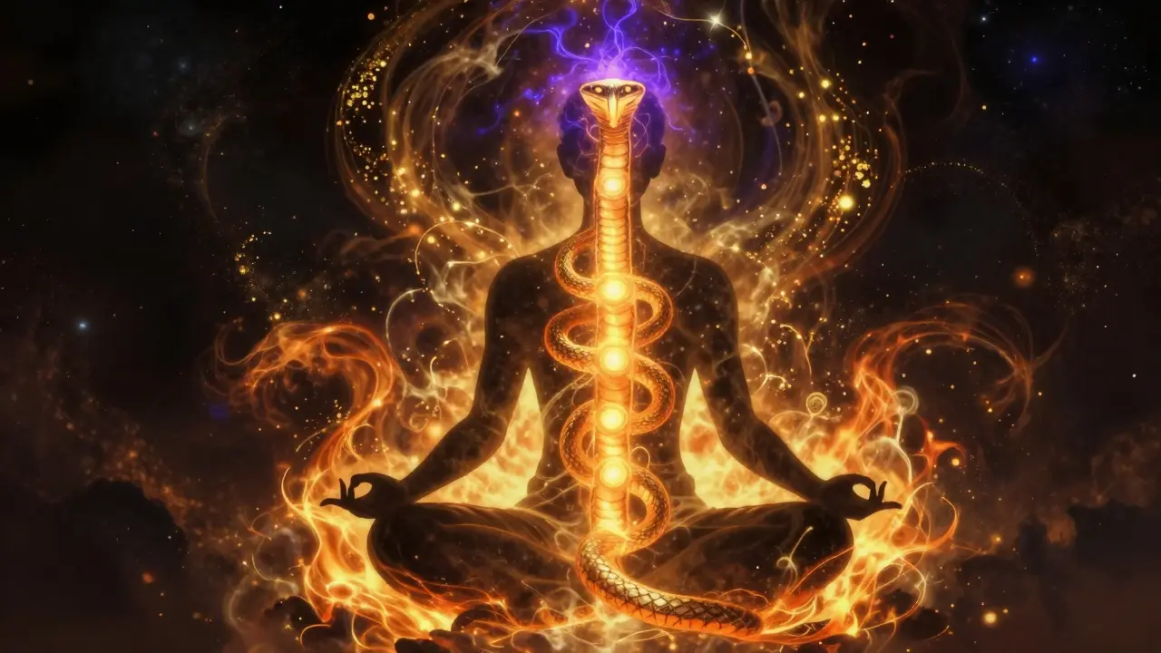 Kresba energického těla s zlatou kundalini energií stoupající k šesté čakře.