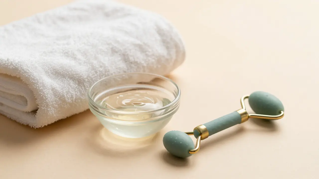 Sada pro wellness péči obsahující lubrikační gel, ručník a masážní pomůcku.