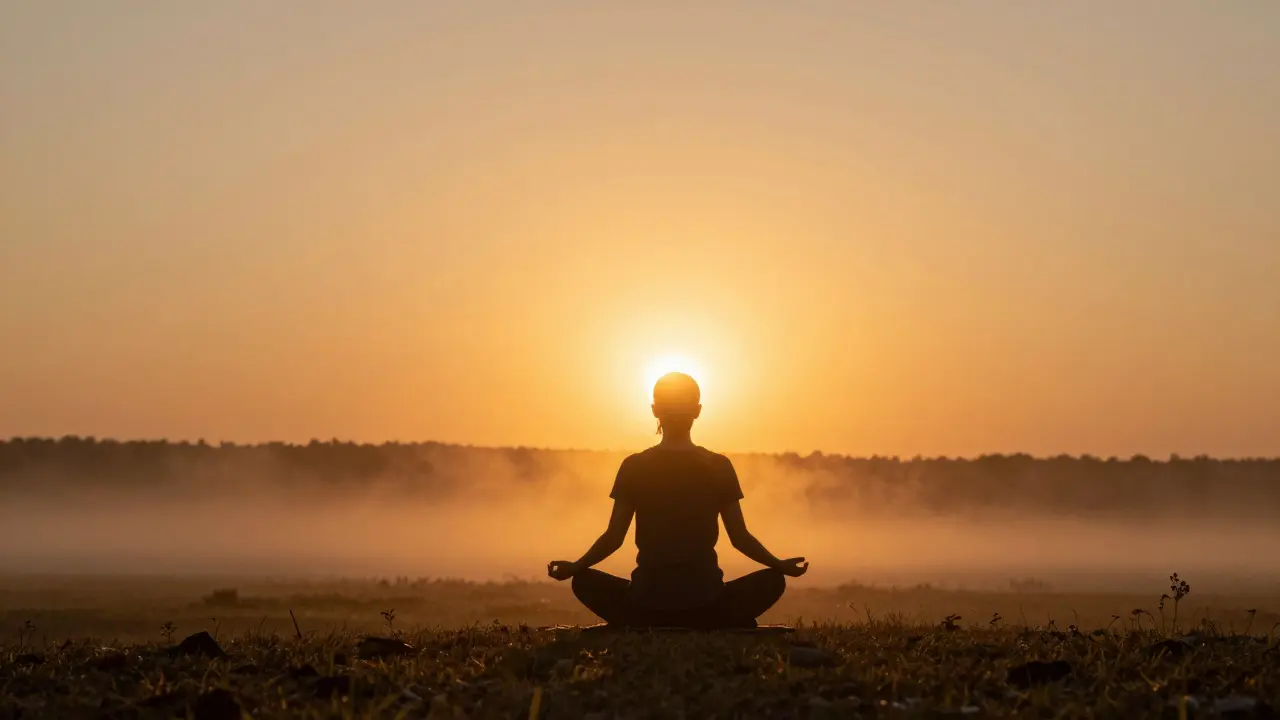 Silueta člověka pozorující východ slunce v klidné ranní krajině.