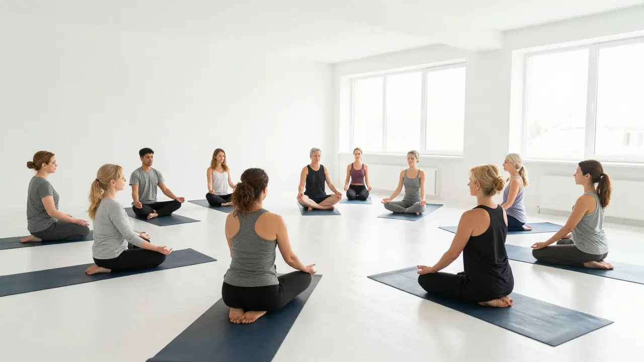 Skupina lidí různých věků při společné meditaci v prostorném a světlém studiu.