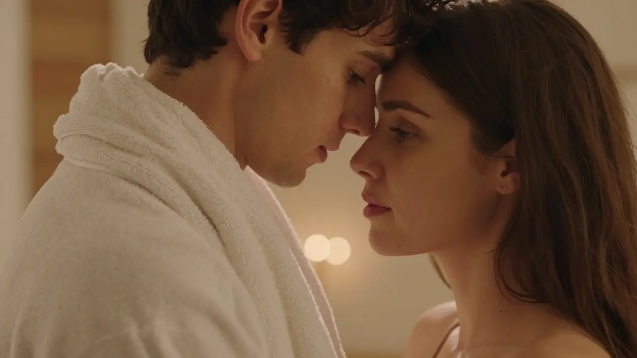 Snímek páru udržujícího hluboký oční kontakt v intimním a teplém prostředí.