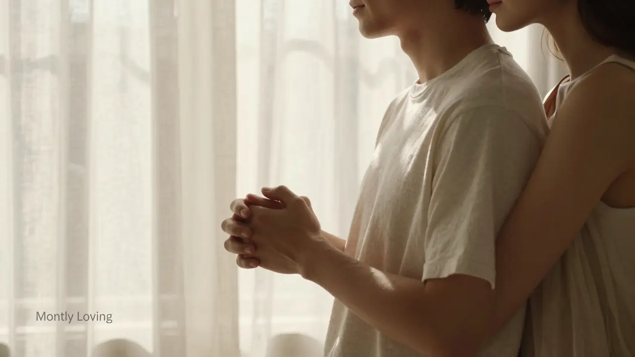 Světlý a klidný záběr páru v jemném objetí v ranním slunci.