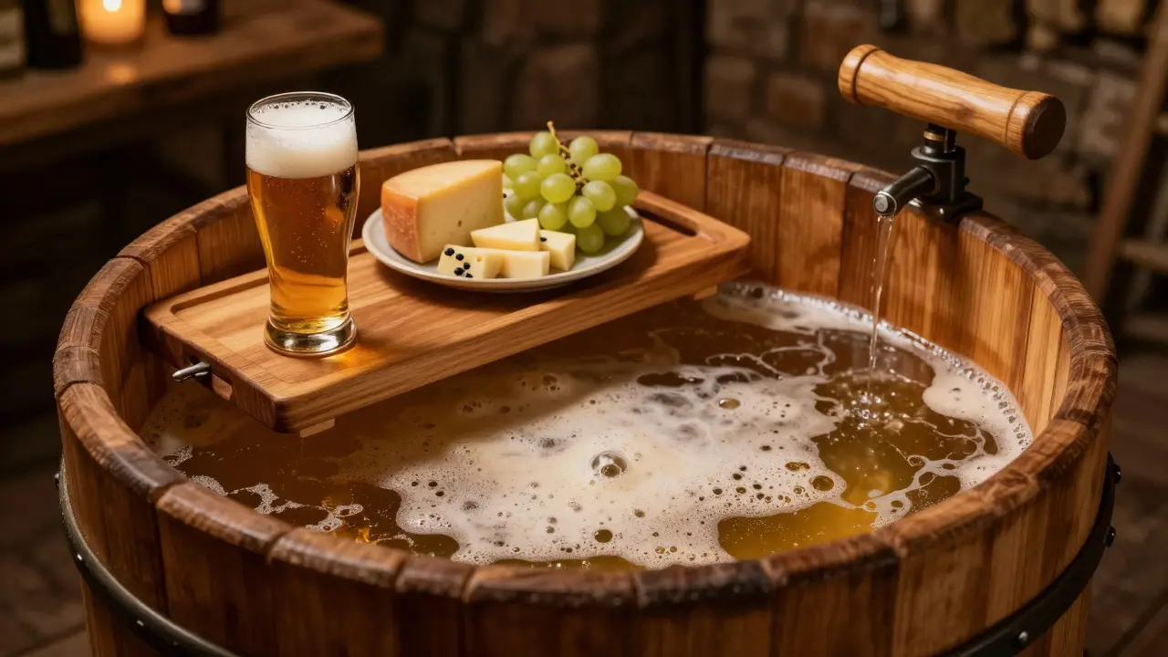 Tradiční pražské pivní lázně s dřevěnou vanou a sklenicí piva.