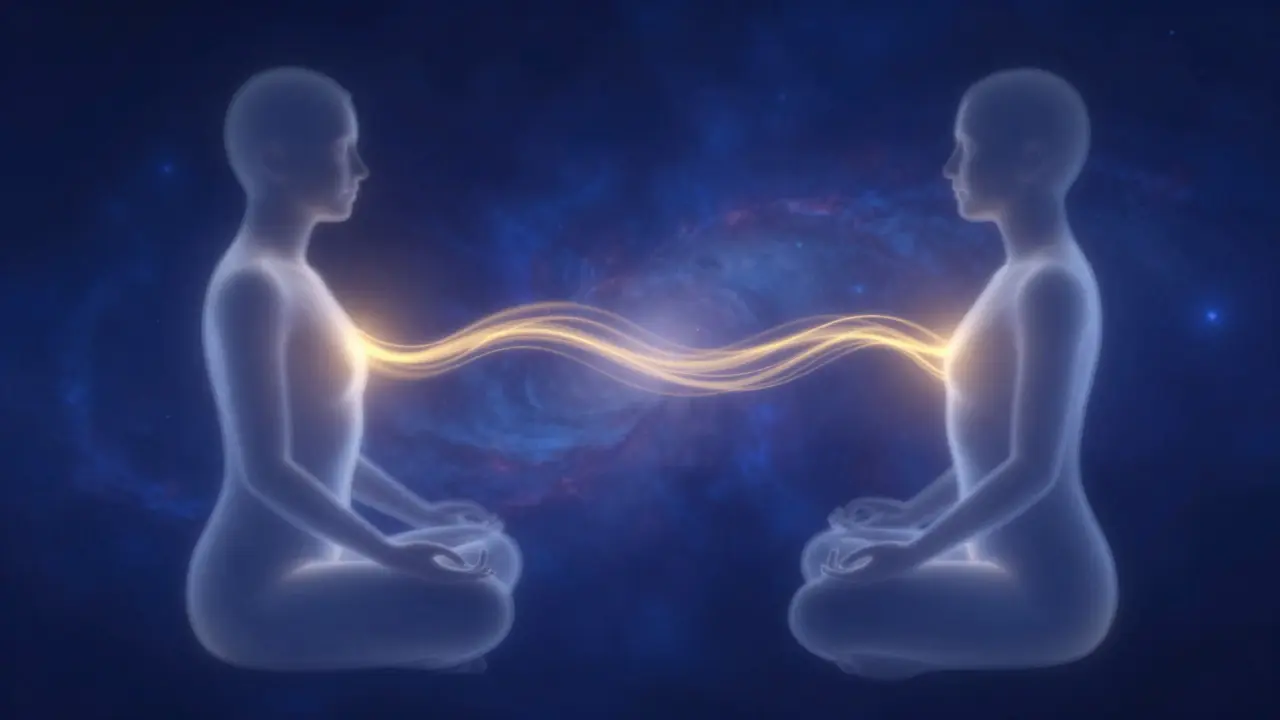 Dvě postavy propojené zlatou energií při synchronizaci dechu v meditaci.