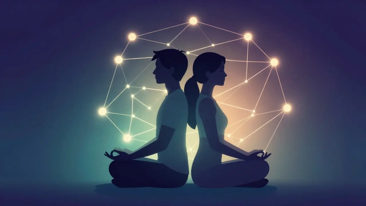 Dvě postavy spojené zářivými energetickými proudy v meditaci