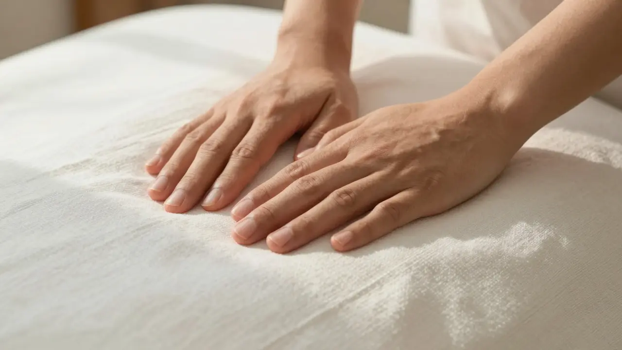 Jemné terapeutické pohyby rukou přes jemnou bavlněnou látku.