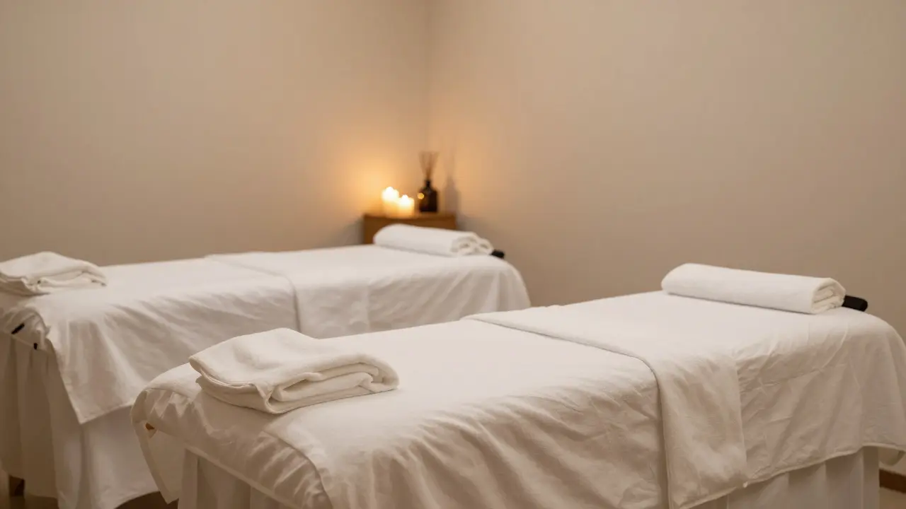 Profesionální a čistá terapeutická místnost s teplým osvětlením a masážním stolem
