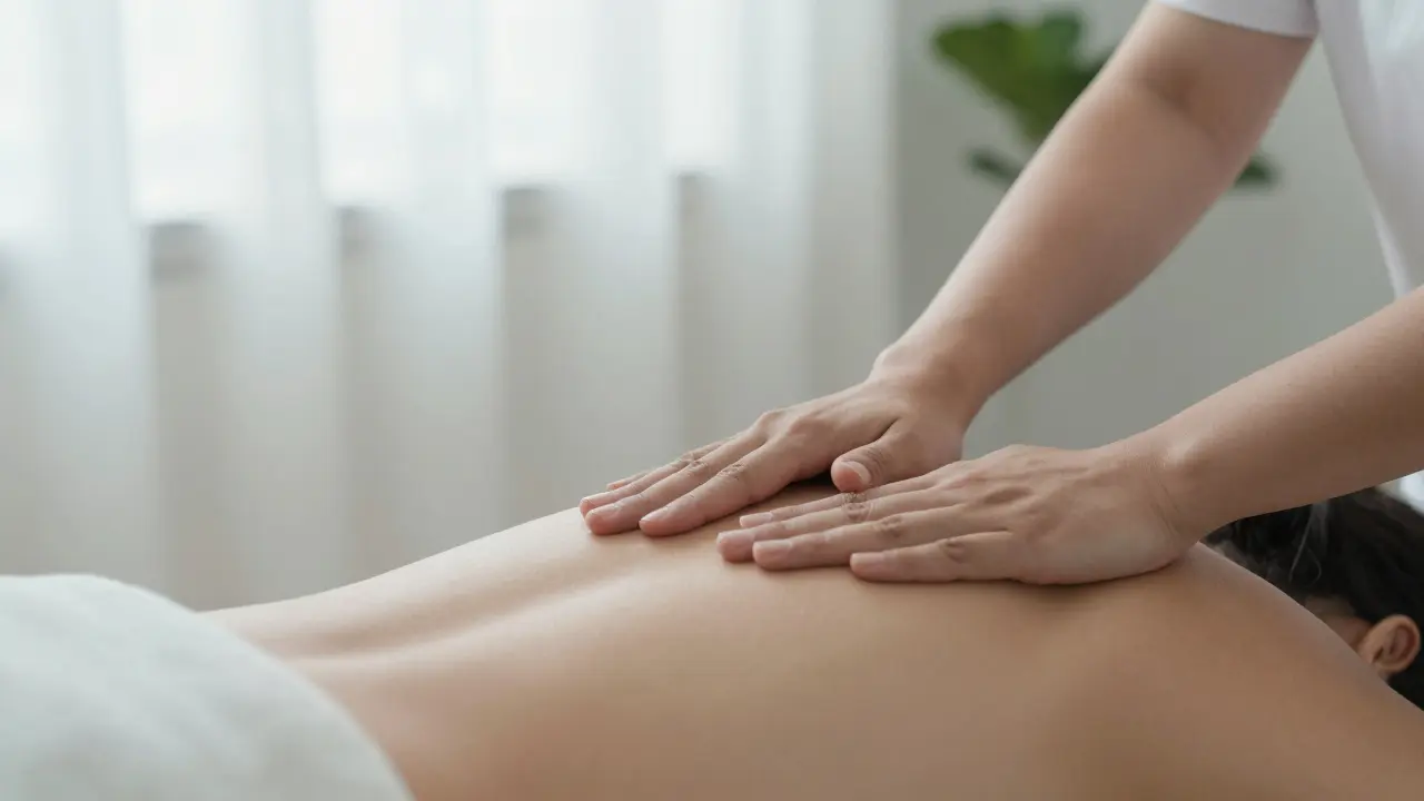 Ruce terapeuta nad zády klienta v klidném studiu, důraz na bezpečí