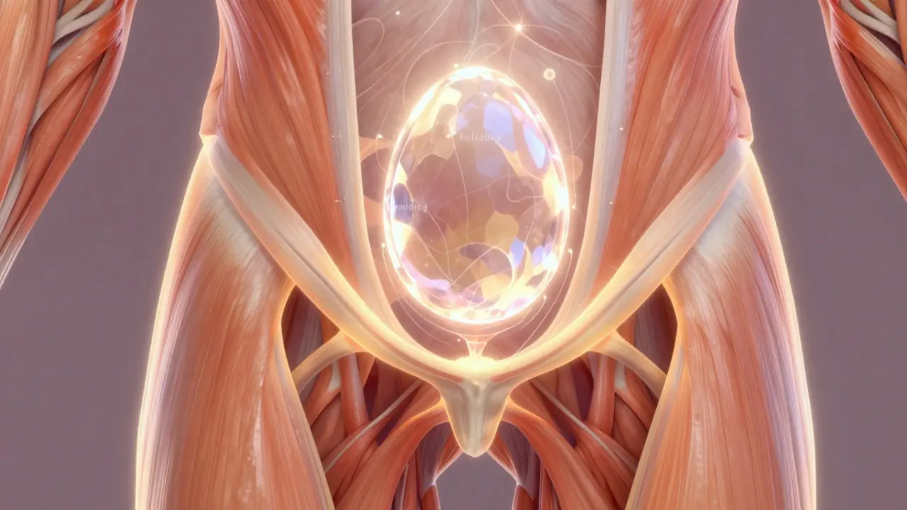 Abstract art of pelvic muscles supporting a crystal