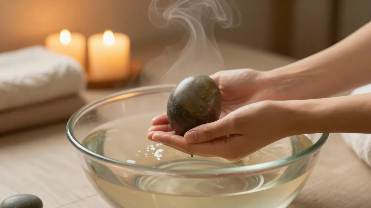 Hands warming a stone egg in a bowl of water
