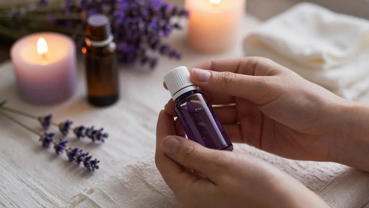 Bottles of essential oils and candles on soft linen