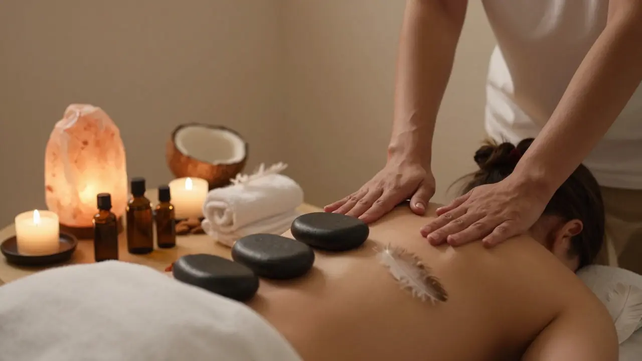 Klidný wellness prostor s rituálními předměty jako kameny a oleje pro tantru.