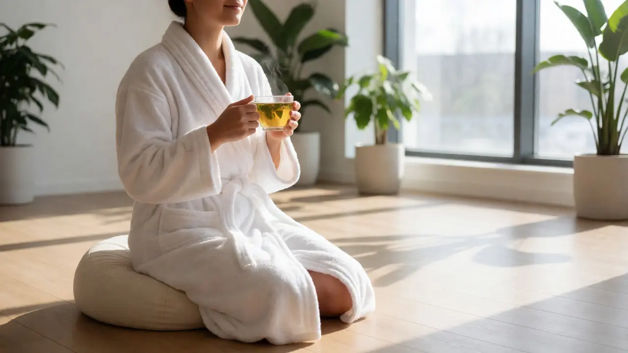 Klient v županu relaxující s čajem po tantrické masáži