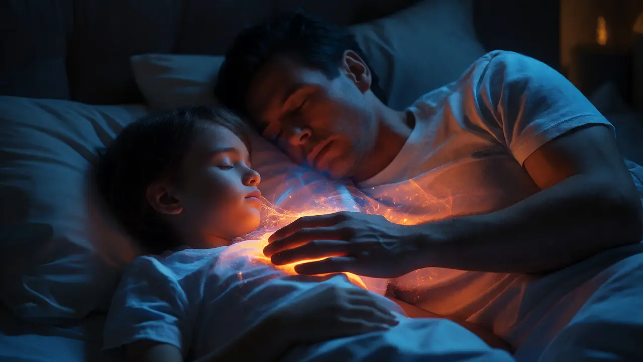 Otec klade ruku na hrudník spícího dítěte pro synchronizaci dechu