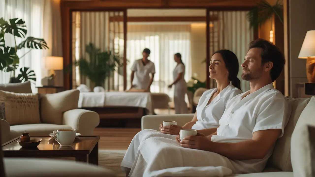 Uvolněný pár odpočívající s čajem v luxusním wellness centru po absolvování masáže.