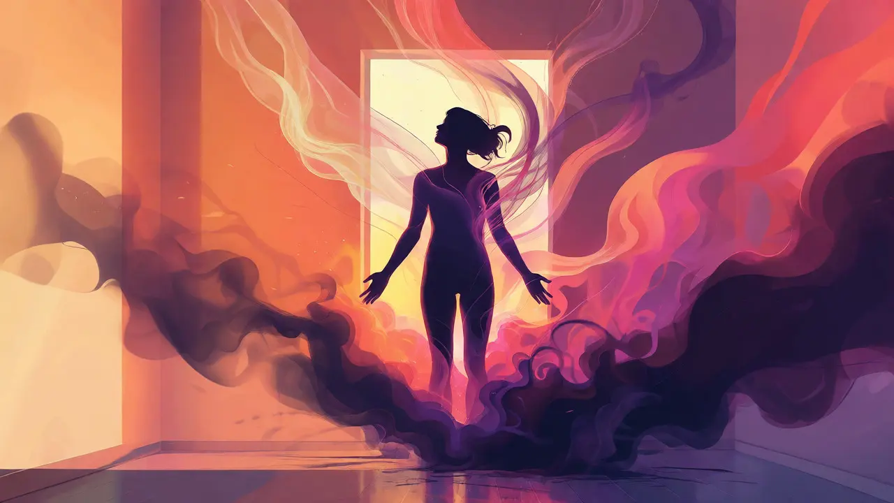 Abstraktní ilustrace osoby uvolňující napětí a přijímající své tělo v záři světla.
