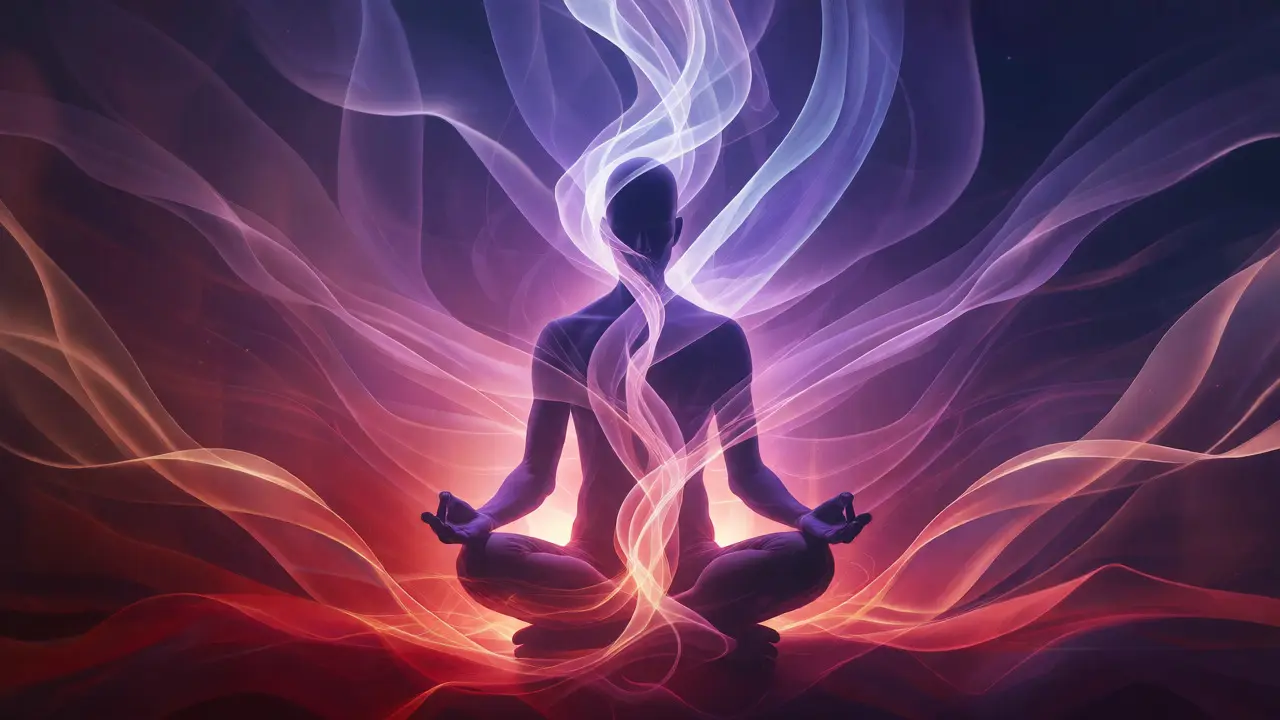 Abstraktní ilustrace toku životní energie od chodidel až po temeno hlavy v meditativním postoji.