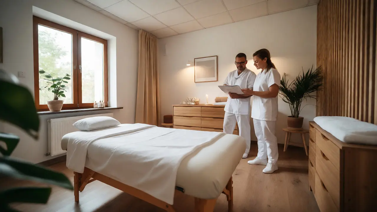 Čistá masážní místnost s dvěma terapeuty, kteří spolu konzultují postup léčby.
