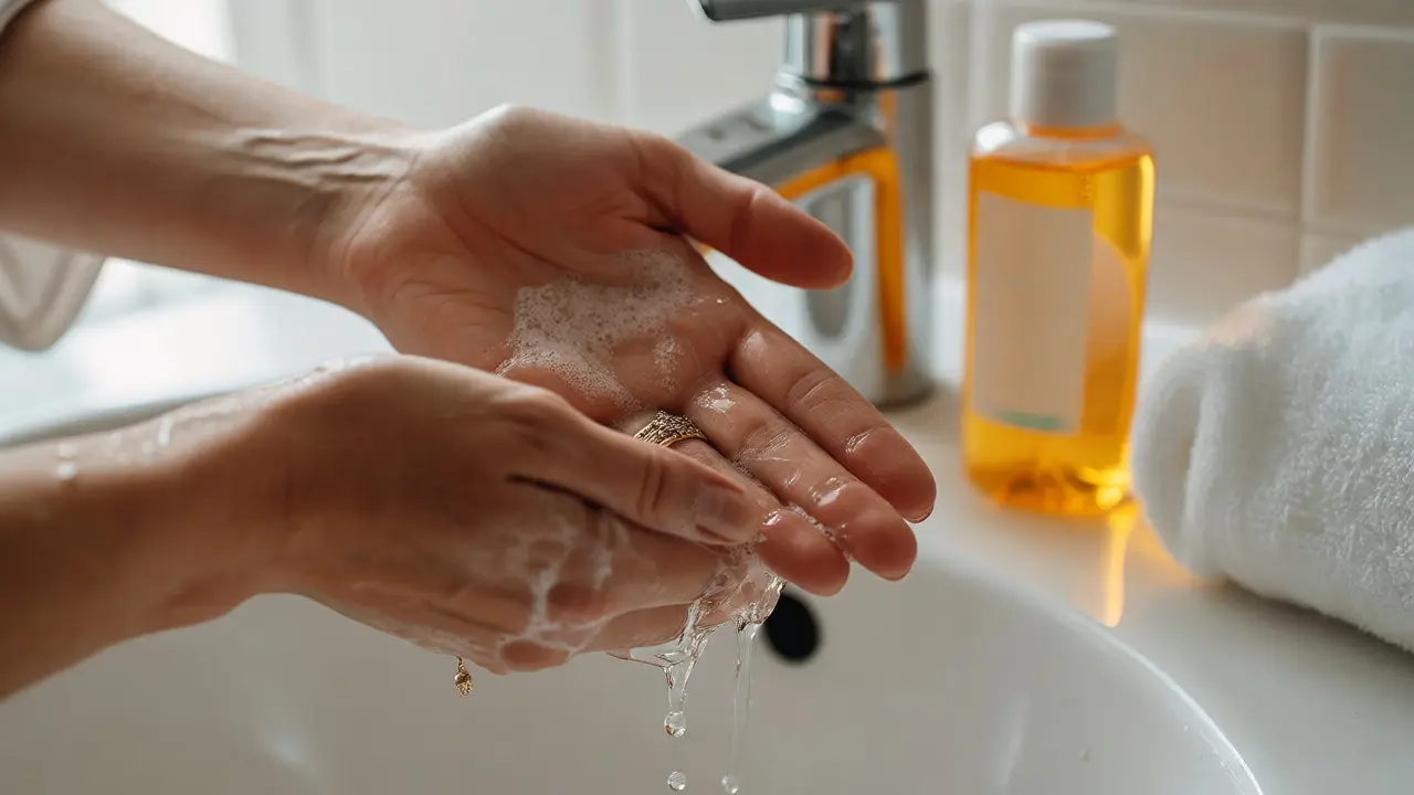 Detail mytí rukou a příprava olejů pro hygienickou masáž