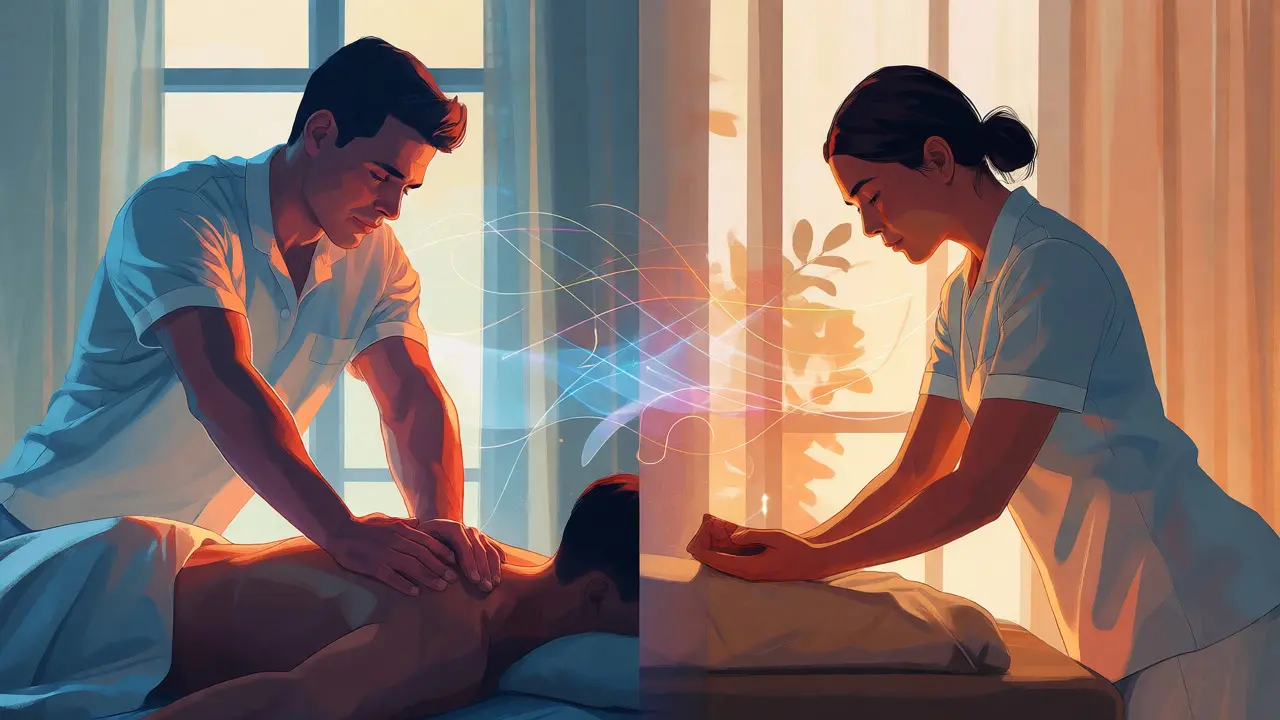 Ilustrace srovnávající techniku mužského a ženského terapeuta s důrazem na kvalifikaci.