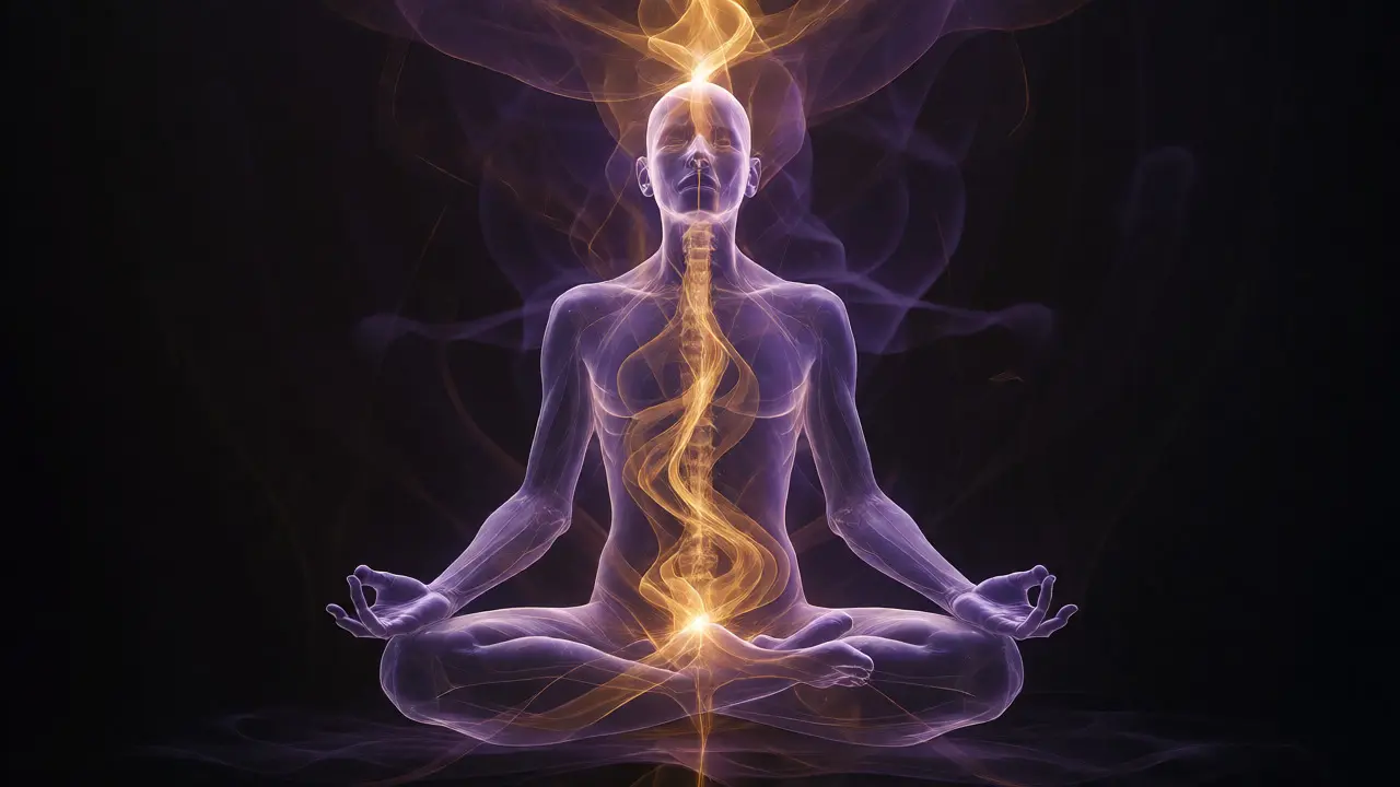 Konceptuální vizualizace zlaté energie stoupající podél páteře při meditaci.