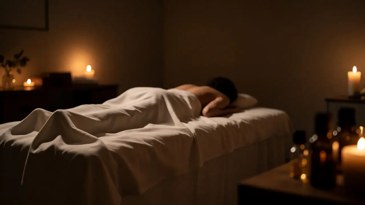 Relaxační prostředí tantrické masáže s teplým světlem a oleji